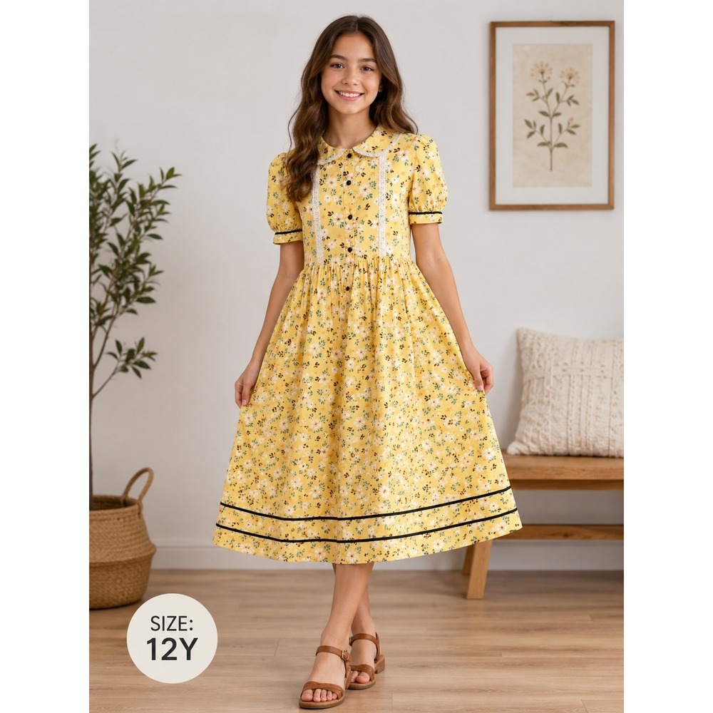 Scarlet Darkness Girl's Cottagecore Prairie Dress Yellow Floral 12Y